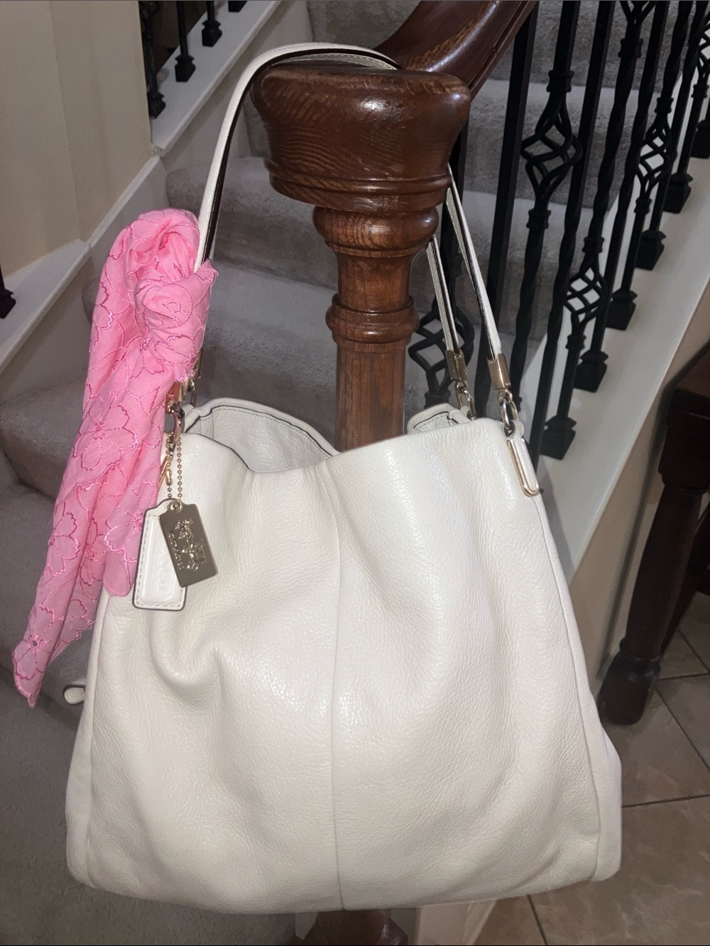 Coach White Leather Shoulder Bag with Pink Scarf Accent - Picture 12 of 16
